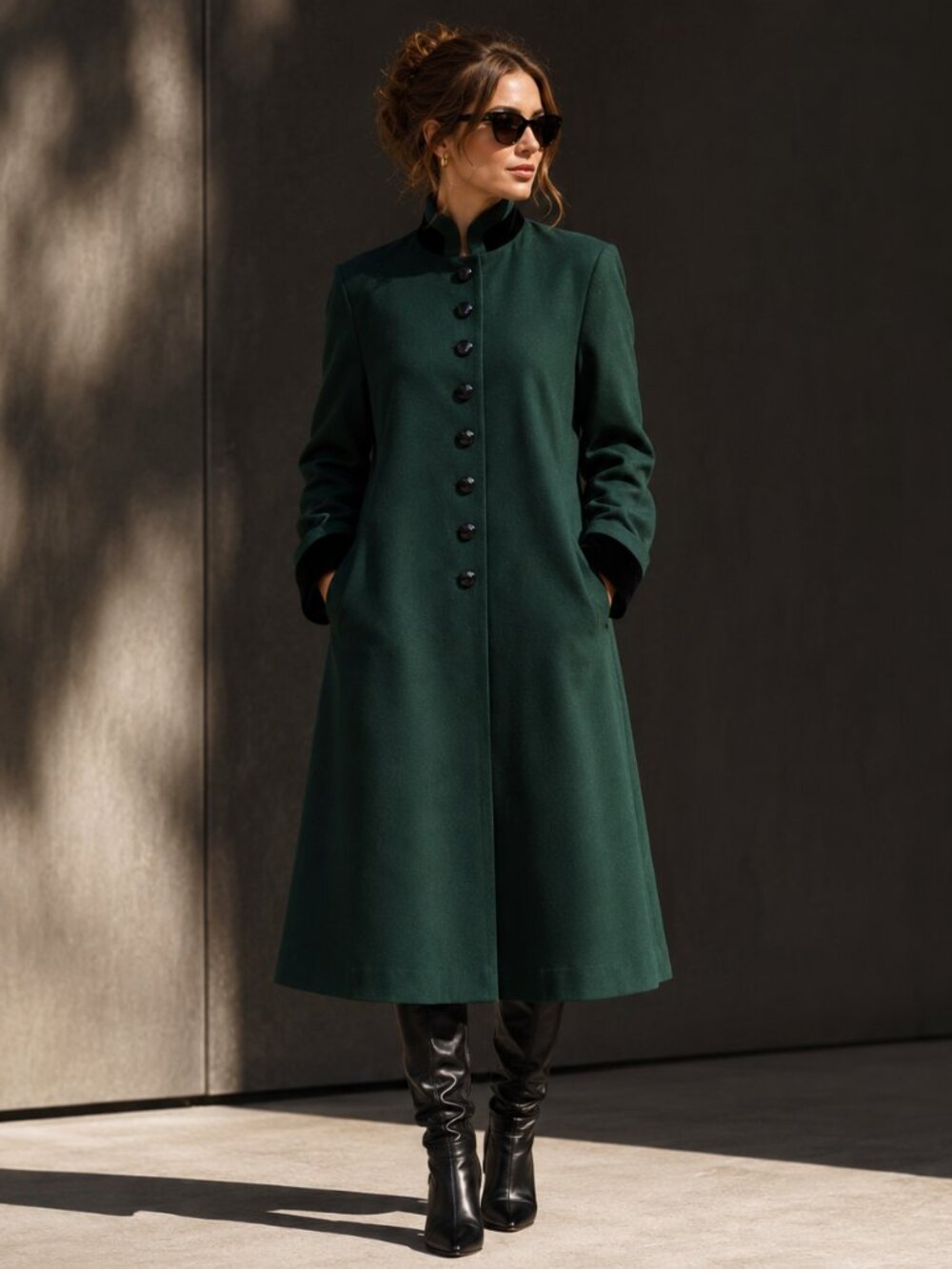 Vintage JOFELD Women's Small Wool Blend Coat Green Velvet Trim USA Made